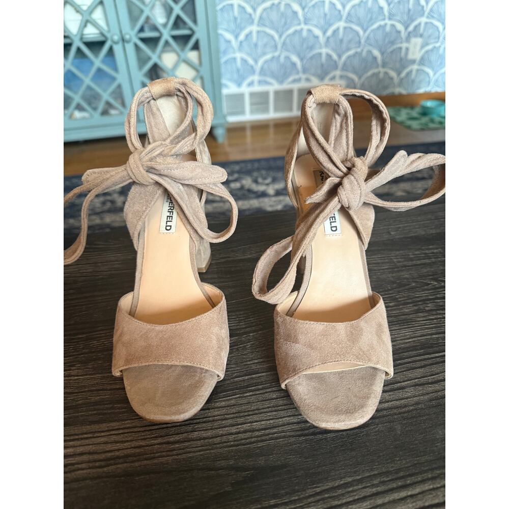 6/$25 Karl Largerfeld Beige Faux Suede Racha Criss-Cross Ankle Tie Heels Sz. 6.5